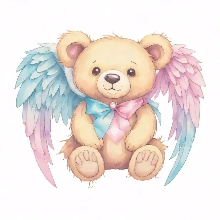 vibrant tattoo design of a Teddy Bear with angel wings and a gem heart tattoo design idea