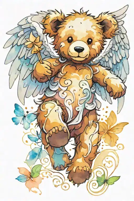 a teddy bear with angel wings tattoo design idea