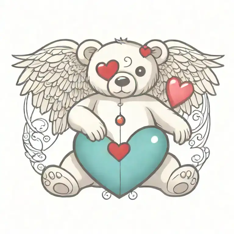 vibrant tattoo design of a Teddy Bear with angel wings and a gem heart tattoo design idea