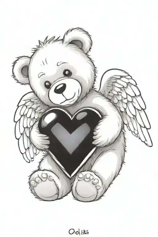 simple design of a teddy bear with angel wings and a heart shaped gem  tattoo design idea