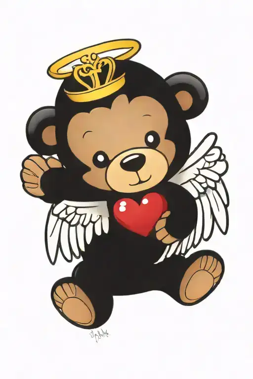 simple design of a teddy bear with angel wings and a heart shaped gem  tattoo design idea