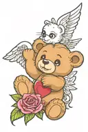 create a colourful tattoo design of a Teddy Bear with angel wings and a heart gem tattoo design idea