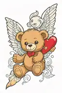 create a colourful tattoo design of a Teddy Bear with angel wings and a heart gem tattoo design idea