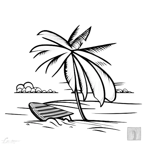 A minimalist beach scene with a surfboard leaning against a palm tree, symbolizing the client's love for surfing tattoo design idea