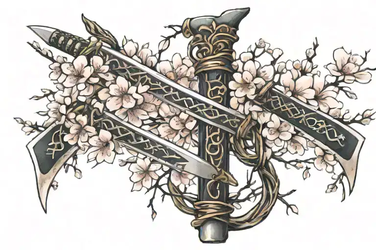 katanas shaped like the letter V with cherry blossom tree  tattoo design idea