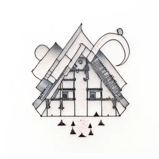 A minimalist tattoo of a house being constructed with wooden beams tattoo design idea