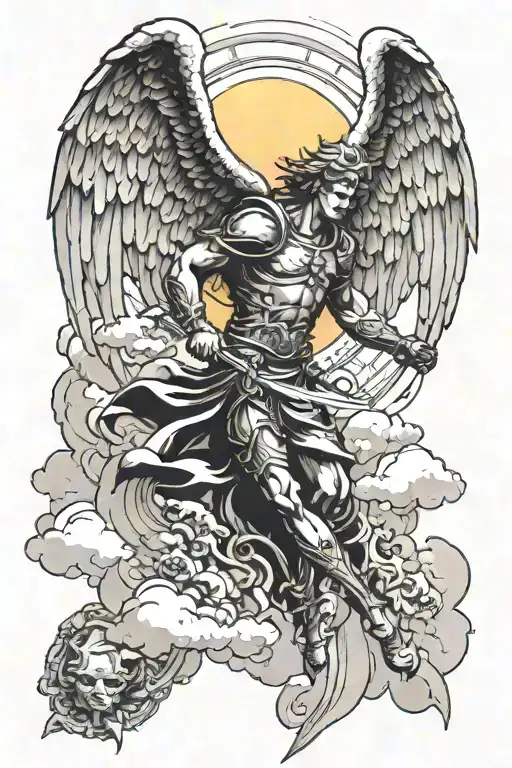 archangel fighting demon with clouds and sun shafts tattoo design idea