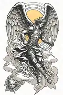 archangel fighting demon with clouds and sun shafts tattoo design idea