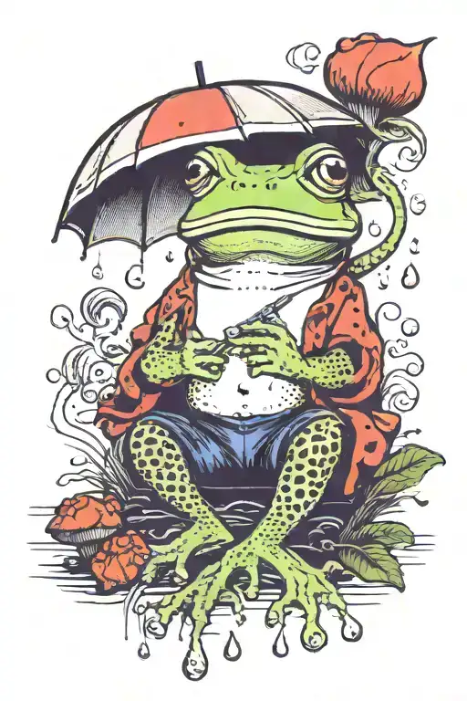 frog in heels with fishnet leggings smoking cigarette holding a mushroom umbrella in the rain tattoo design idea