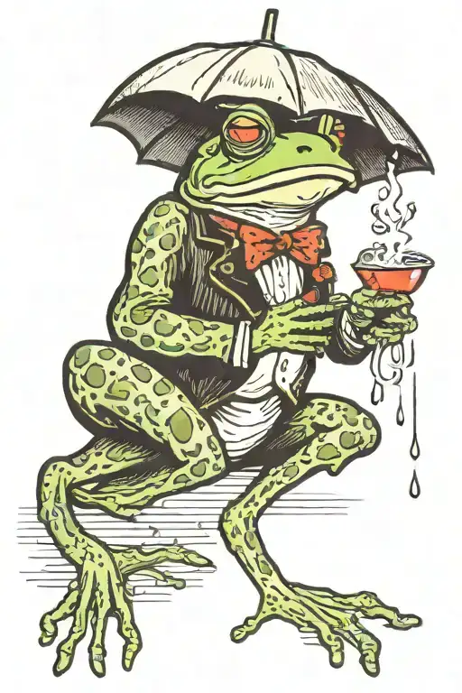 frog smoking cigarette holding a mushroom umbrella in the rain tattoo design idea