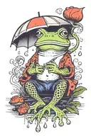 frog in heels with fishnet leggings smoking cigarette holding a mushroom umbrella in the rain tattoo design idea