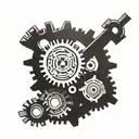 Interlocking gears and a heart to symbolize the teamwork and commitment required in both carpentry and marriage tattoo design idea
