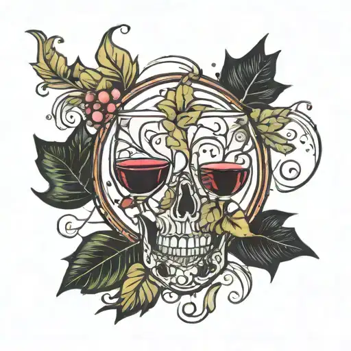 I want 3 glasses of wine, I want a thread to surround them that in the end turns into a leaf and I want there to be some glasses somewhere tattoo design idea