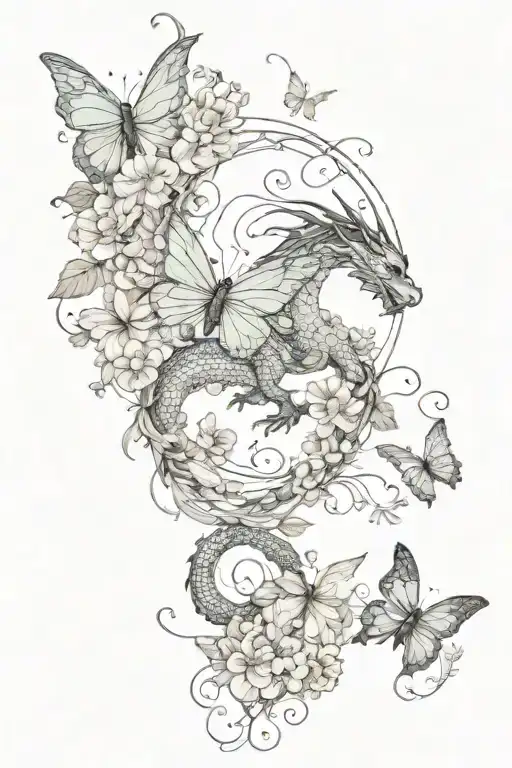 dragon earth air butterflies flowers  tattoo design idea