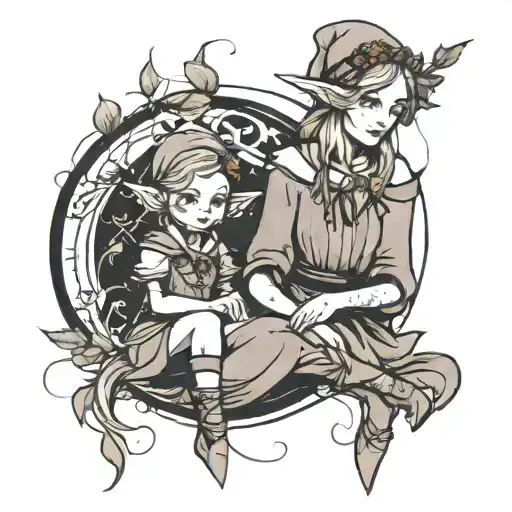  little elf girl with her mom. Tattoo the most similar to this. Simple with thin lines without shadows. tattoo design idea