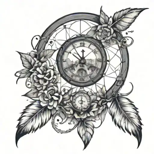 A dreamcatcher intertwined with an grandfather clocksymbolizing the passage of time and dreams coming true tattoo design idea