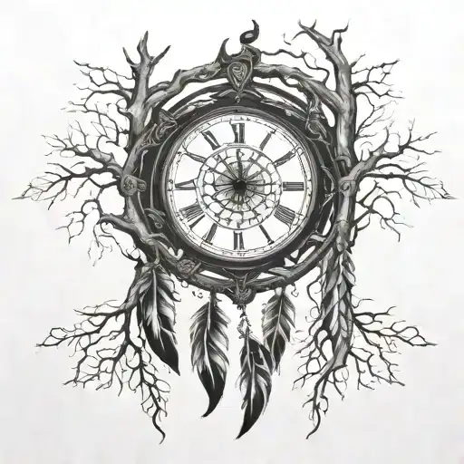 A dreamcatcher intertwined with an grandfather clock and tree roots at the bottom  tattoo design idea