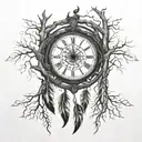 A dreamcatcher intertwined with an grandfather clock and tree roots at the bottom  tattoo design idea