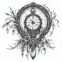 A dreamcatcher intertwined with an grandfather clock and tree roots at the bottom  tattoo design idea