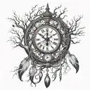 A dreamcatcher intertwined with an grandfather clock and tree roots at the bottom  tattoo design idea