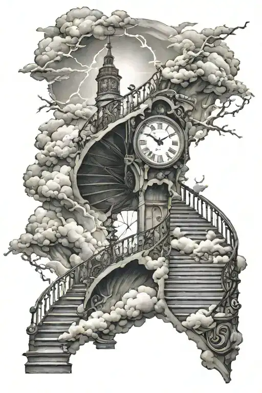 Clock with clouds and lightning at end of long staircase  tattoo design idea