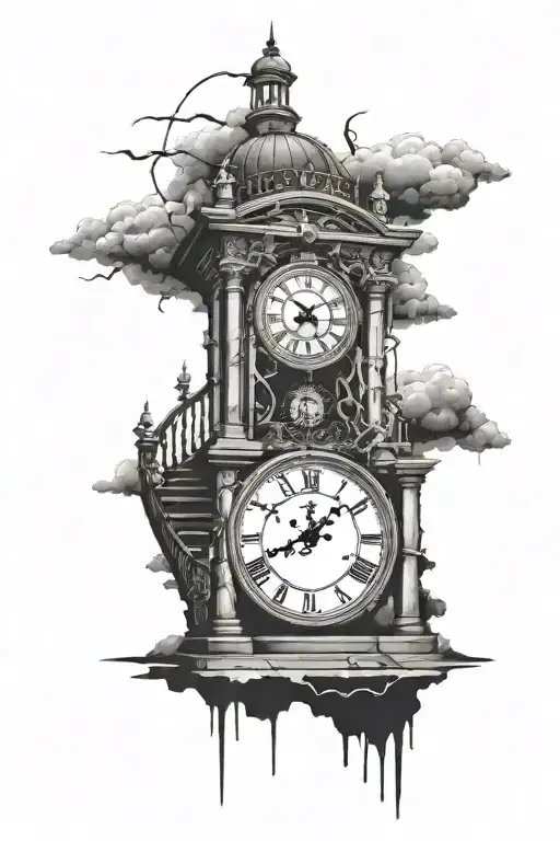 Clock with clouds and lightning at end of long staircase  tattoo design idea