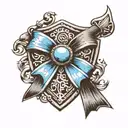 Black Bow with blue hue which gives sheild to the bearer  tattoo design idea