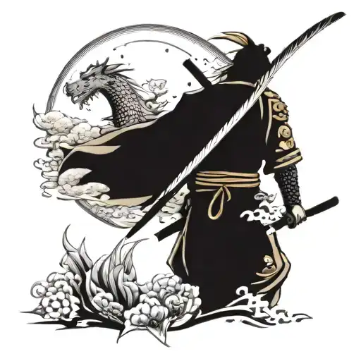 sleeve tattoo of a samurai with a katana on fire, a dragon on the forearm on the shoulder, a rock and a wolf howling at the moon, nearby sakura flies around tattoo design idea