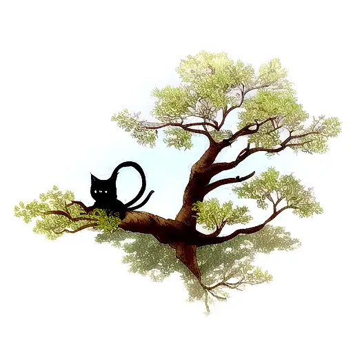 A cat sitting on a tree and meditate branch overlooking a peaceful lake tattoo design idea