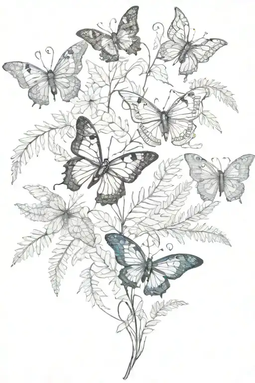 2 fern fronds 5 butterflies intertwined tattoo design idea