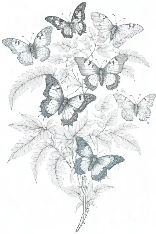 2 fern fronds and 5 butterflies intertwined representing tattoo design idea