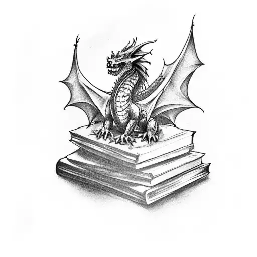 A dragon perched on a stack of books, with a Lord of the Rings quote incorporated into the design tattoo design idea