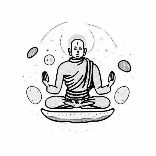 monk meditating on a rock.  replace his head with planet earth. i want a body disapparing over him with dots  tattoo design idea