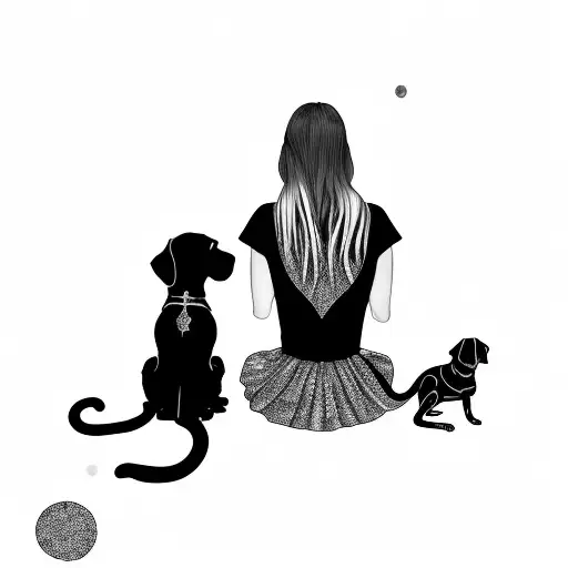 girl, vizsla dog and cat sitting. shown from behind. surrounded by galaxy stars. girl has backless dress tattoo design idea