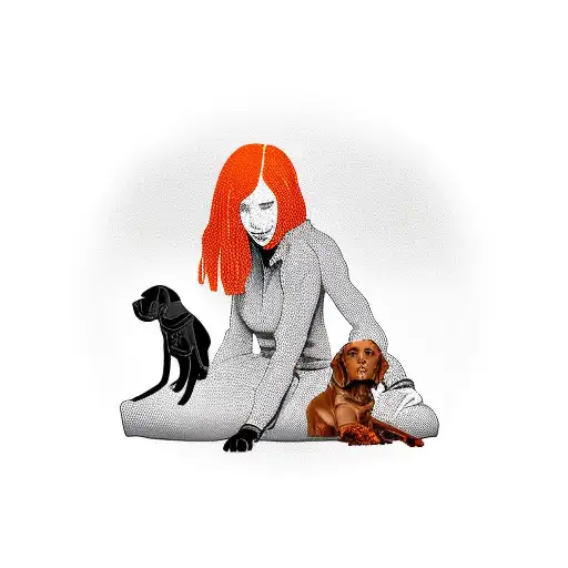 a longhaired girl with her vizsla dog and black cat. shown from behind. sitting. tattoo design idea