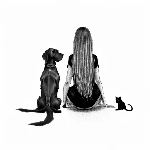 a longhaired girl with her vizsla dog and black cat. shown from behind. sitting. tattoo design idea