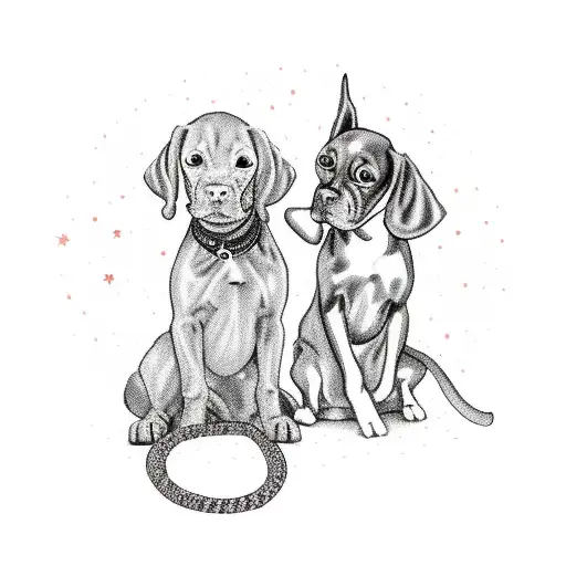 girl, vizsla dog and cat sitting on a string. shown from behind. surrounded by galaxy stars. girl has backless dress tattoo design idea