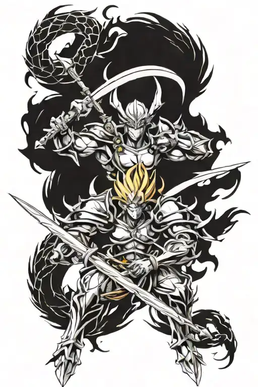 Make a  tattoo of male god fight with three evil dragoon with the help of most deadly weapon and the dragoons tattoo design idea