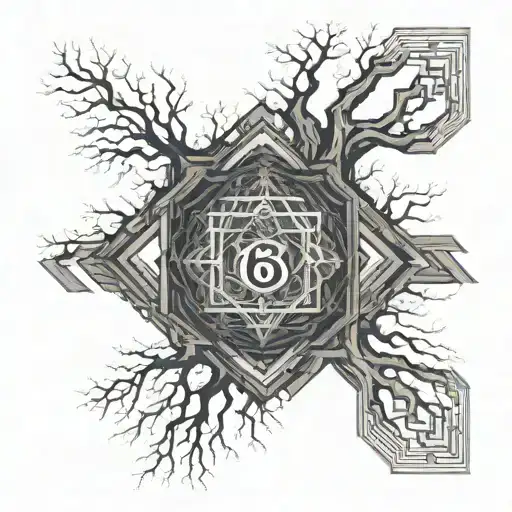 fractal  tree growing out of ruins with the number 6 incorporated within the tree tattoo design idea