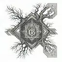 fractal  tree growing out of ruins with the number 6 incorporated within the tree tattoo design idea