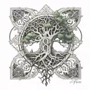 fractal  tree growing out of ruins with the number 6 incorporated within the tree tattoo design idea