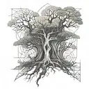 fractal  tree growing out of ruins with the number 6 incorporated within the tree tattoo design idea
