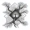 fractal  tree growing out of ruins with the number 6 incorporated within the tree tattoo design idea