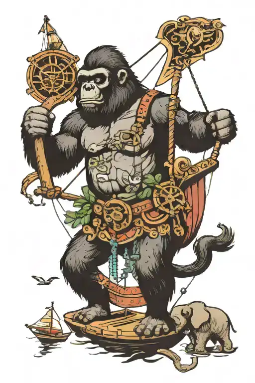 gorilla, herbivore, elephant, lion, sailing, travelling tattoo design idea