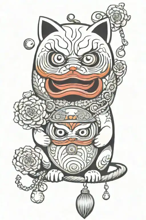daruma doll and neko with coins and charms tattoo design idea