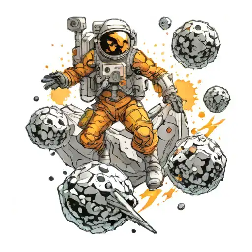 space warrior jumping between asteroids tattoo design idea