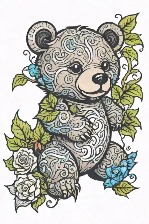 Cartoon bear with flowers & ivy vines tattoo design idea