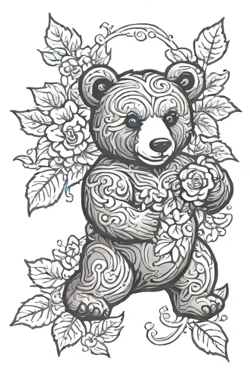 Cartoon bear with flowers & ivy vines tattoo design idea