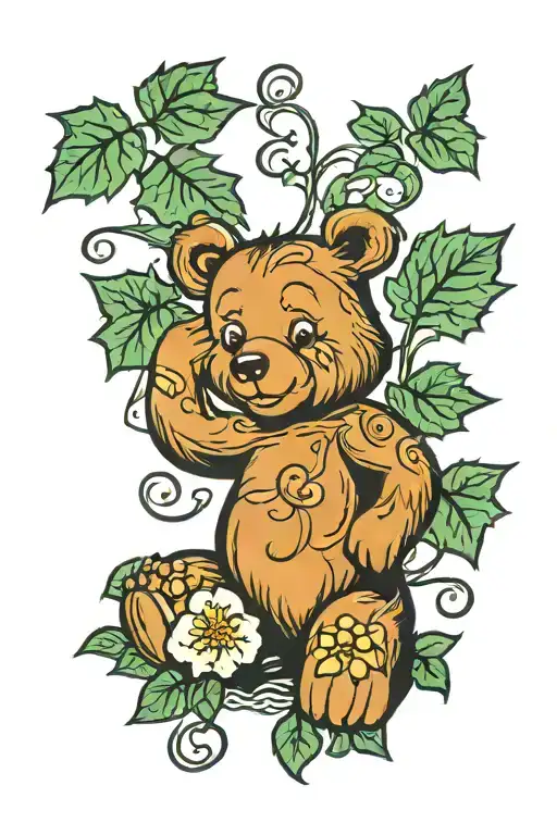 Cartoon bear with flowers & ivy vines tattoo design idea