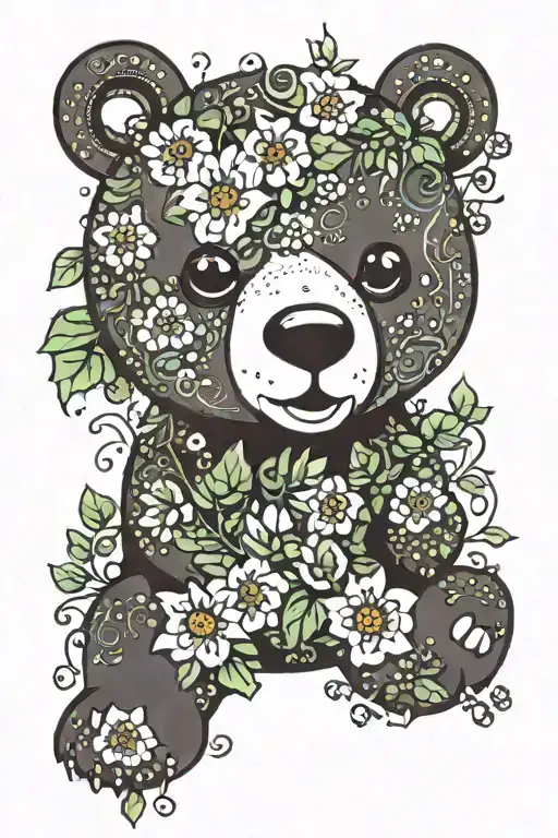 Full Color Cartoon bear with flowers & ivy vines tattoo design idea